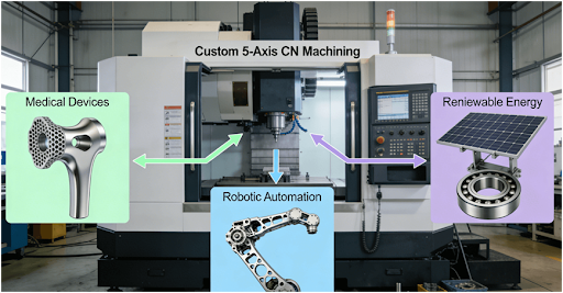 Diagram showing applications of custom 5-axis CNC machining across industries like robotic arms, medical implants, and wind turbine components.