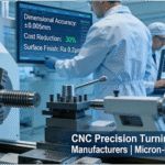 High-precision CNC turning center machining medical-grade component in Harlem manufacturing facility with real-time dashboard showing ±0.005mm accuracy, 30% cost reduction, and Ra 0.2μm surface finish