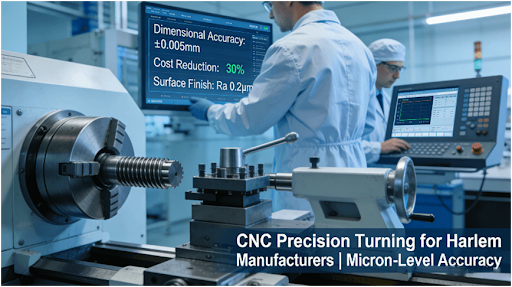 High-precision CNC turning center machining medical-grade component in Harlem manufacturing facility with real-time dashboard showing ±0.005mm accuracy, 30% cost reduction, and Ra 0.2μm surface finish